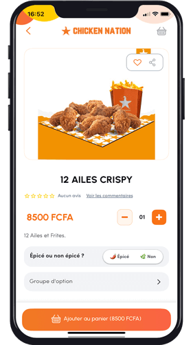 Fiche d'un plat dans l'application, avec son prix