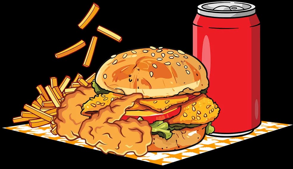 Dessin d'un burger au poulet pané, de frites et d'une canette sur une nappe étoilée